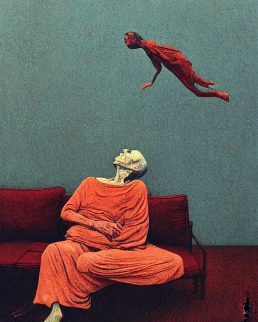 Image similar to early color photo of an old dead couple sitting on a couch in an old soviet apartment and looking at the scared enlightened boy flying up in sky, Beksinski impasto painting, part by Adrian Ghenie and Gerhard Richter. art by Takato Yamamoto, masterpiece