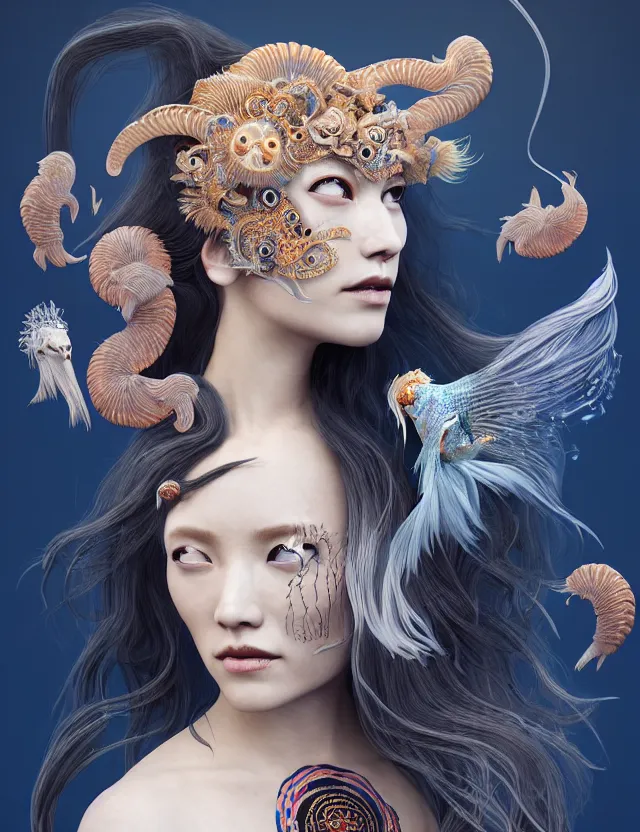 Image similar to 3 d goddess half - turn portrait with long hair with ram skull. beautiful intricately detailed japanese crow kitsune mask and clasical japanese kimono. betta fish, jellyfish phoenix, bio luminescent, plasma, ice, water, wind, creature, artwork by tooth wu and wlop and beeple and greg rutkowski