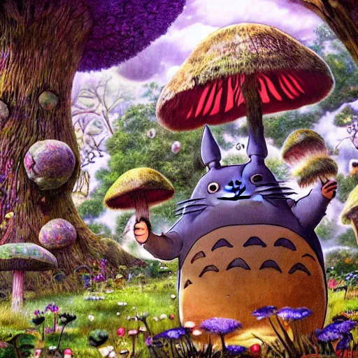 Prompt: totoro tripping on shrooms in wonderland, intricate detail, royo, klimt, miro, vallejo, frazetta, giger, whealan, hd, unreal engine,