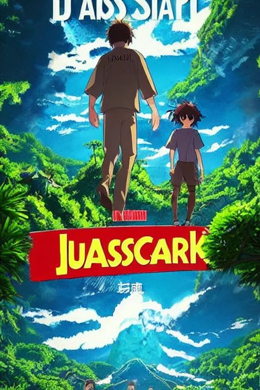 Prompt: “ jurassic park in the style of the your name movie poster ”