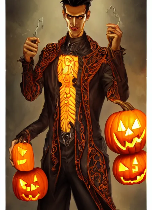 Image similar to tall thin male with a jack - o - lantern for a head, jack pumpkinhead, pumpkin head, full body character concept, art nouveau, super powers, fantasy, intricate, elegant, highly detailed, digital painting, artstation, concept art, shining, sharp focus, illustration, art by stanley lau