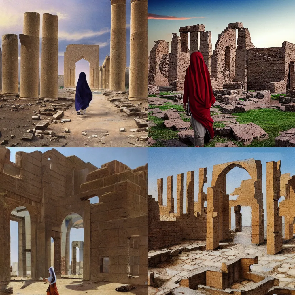 Prompt: a young beautiful woman walks on the ruins of ancient Persia, photorealist