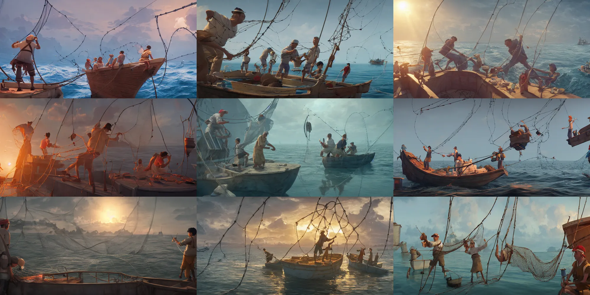 Prompt: fishermen catching fish in a net in their ship at sea and reacting to the fish caught, fishing boat, studio Ghibli, Pixar and Disney animation, sharp, Rendered Unreal Engine 5, film key art, Greg Rutkowski, Bloom, dramatic lighting