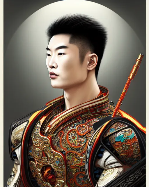 Image similar to portrait of a chinese masculine male cyberpunk machine, machine face, upper half portrait, decorated with chinese opera motifs, muscular, asian, fine china, wuxia, traditional chinese art intricate intense elegant 京 剧 highly detailed symmetry headpiece digital painting artstation concept art smooth sharp focus illustration, art by artgerm and greg rutkowski alphonse mucha 8 k