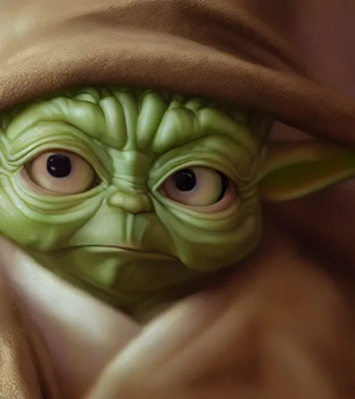 Prompt: a closeup portrait of Baby Yoda by Craig Mullins; extraordinary-masterpiece; realistic-lighting; anatomically-correct; 90mm; f/1.4