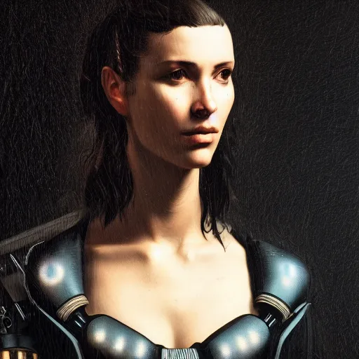 Image similar to portrait of a character from the game cyberpunk 2 0 7 7, ( ( ( art by caravaggio ) ) ), cybernetic implant, award winning, masterpiece, intricate, dramatic light, detailed face, highly detailed, asymmetrical, dark, 1 6 th century