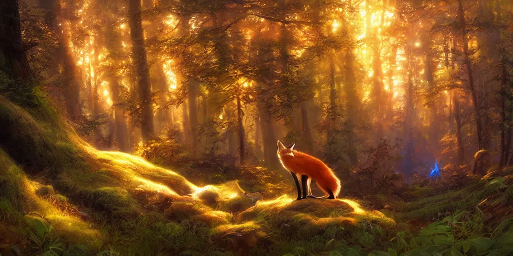 Prompt: fox in the forest, magical energies emanating from it, god rays, wide angle, fantasy art, matte painting, sharp focus, vibrant colors, high contrast, illustration, art by justin gerard