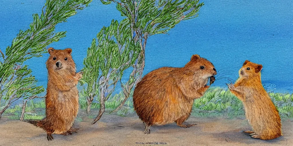 Image similar to detailed illustration, “A happy quokka on Rotttnest Island in the style of May Gibbs”,