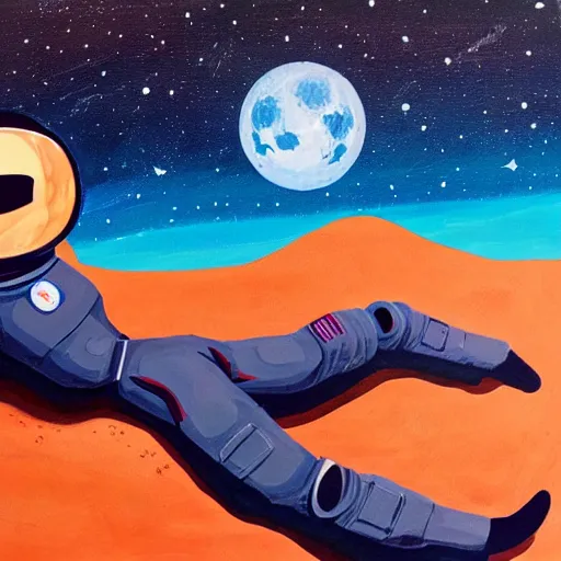 Image similar to an astronaut laying on mars in the style of flooko, acrylic art, detailed, moonlight,