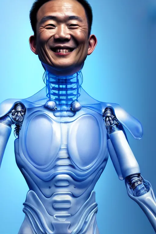 Prompt: hyperrealistic close-up translucent exoskeleton!! smiling chinese man covered highly detailed concept art eric zener elson peter cinematic side soft blue light high angle hd 8k sharp shallow depth of field