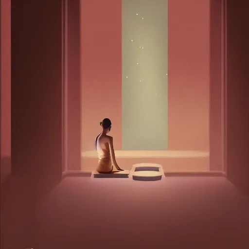 Prompt: a painting of a person sitting in a meditation position, a digital painting by Kanō Tan'yū, unsplash, samikshavad, sense of awe, mystical, matte painting