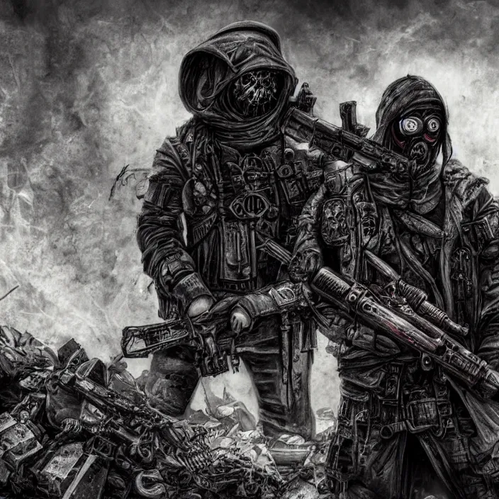 Image similar to gritty hooded apocalyptic man shouldering laser - rifle surrounded by destroyed machine, hyper - detailed, smooth, sharp focus, 4 k ultra hd, fantasy dark art, apocalyptic art