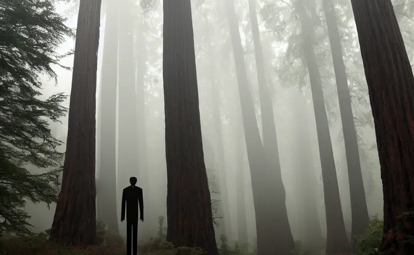 Image similar to 12 ft tall, faceless Slenderman standing in the forest, redwood sequoia trees, ominous foggy environment, best of artstation