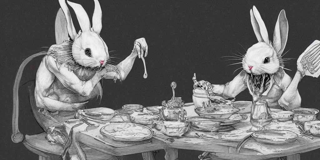 Image similar to An evil detailed white rabbit eating human bodyparts with a knife and fork sitting on a chair at the dinner table, by Mike Francini, Artstation, Dark, Fantasy, bloody, scary, spooky, detailed