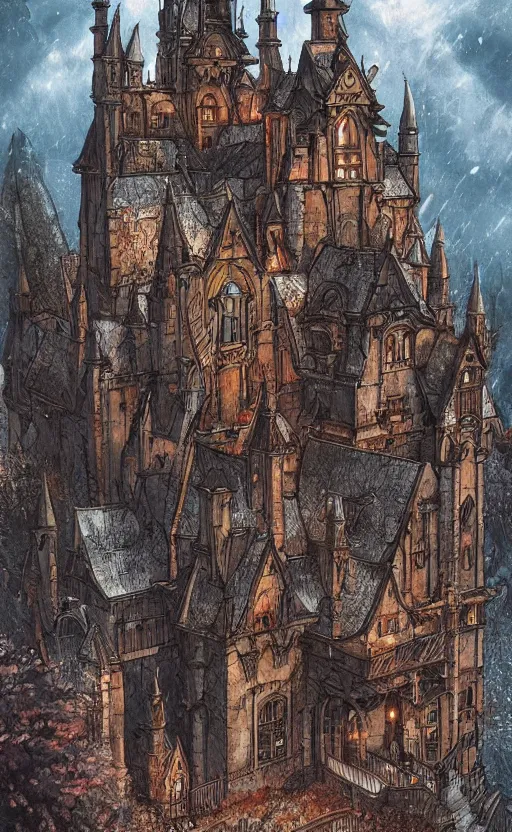 Image similar to Castle, gothic , by Ayami Kojima, studio ghibli, cinematic lighting, intricate, highly detailed, digital painting, trending on artstation, Illustration, epic scale