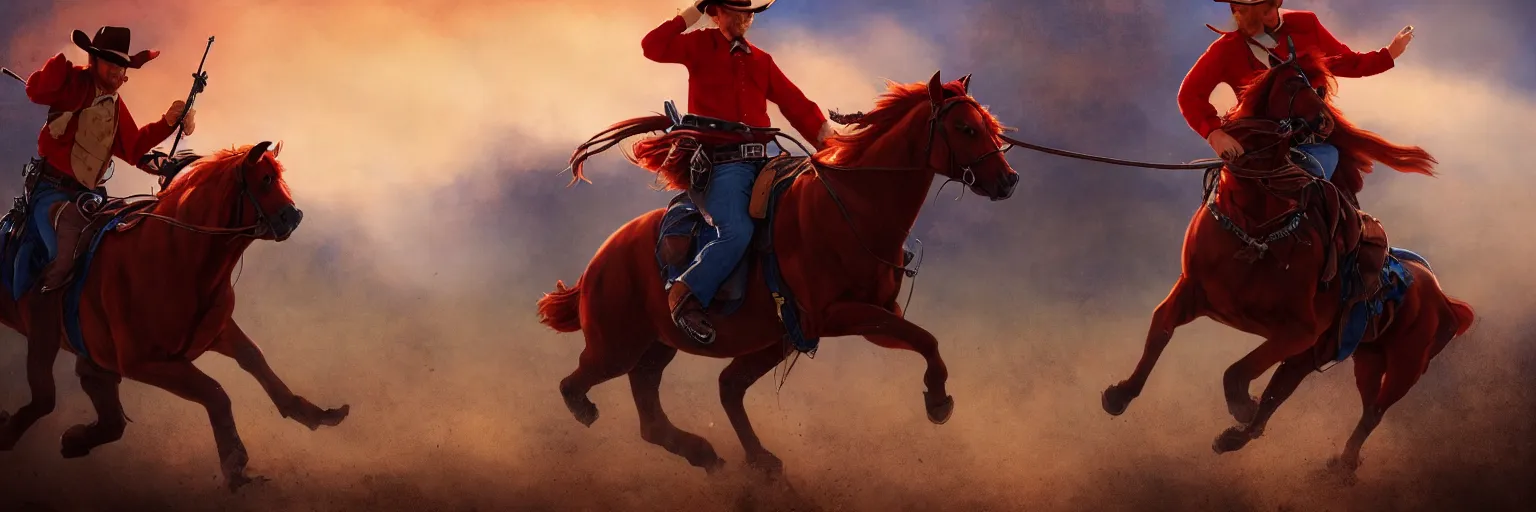 Prompt: a red cat wearing a blue hat while riding a horse and shooting a gun into the air, wild west background, digital art, amazing quality, perfect lighting. Professional design. Great composition. Mind blowing detail. award winning art. impressive colors. trending on artstation.