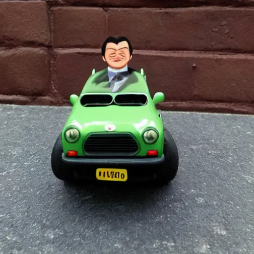 Prompt: mr bean driving his mini and master chief on the chair on top, cg painting