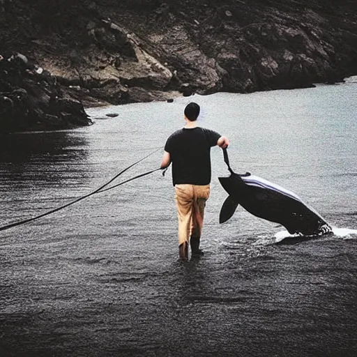 Image similar to “A photo of a man walking a whale on a leash like a dog”