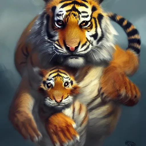 Prompt: a award winnimg commission portrait of a anthro tiger carrying a small cute bunny,digital art,art by greg rutkowski,character design by charles bowater,professional character design,ross tran,artstation,deviantart,photorealistic,detailed face,hyperdetailed,4k