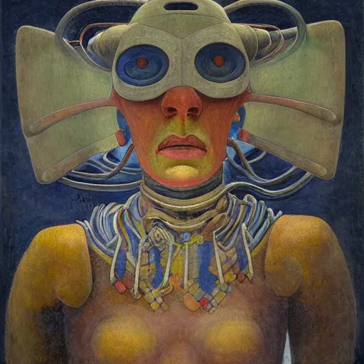 Prompt: portrait of a robot shaman, by annie swynnerton and edward hopper and diego rivera and jean delville and rufino tamayo and evelyn de morgan, art deco shaman, stylized geometric flowers, art brut, outsider art, symbolist, dramatic lighting, god rays, clean crisp graphics, smooth sharp focus, extremely detailed, adolf wolfli