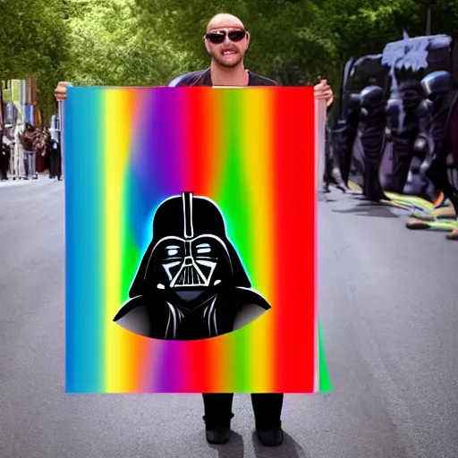 Prompt: photo of darth vader in gay pride colors