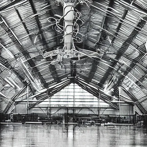 Image similar to an alien craft inside a hanger, old photo, vintage photo, grainy, realistic, real photo,