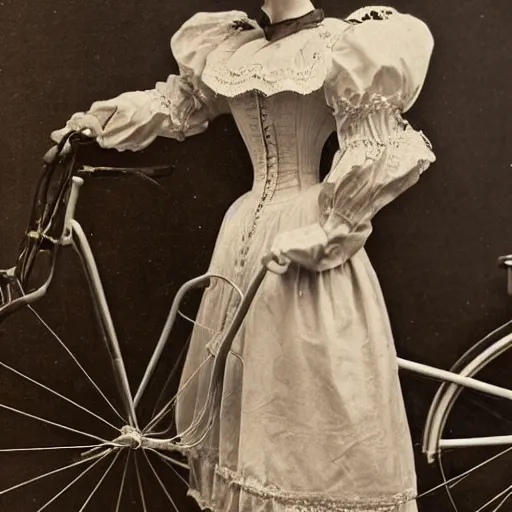 Prompt: close up portrait of a life size victorian doll standing in with a bicycle, 8 k, soft lighting, highly detailed realistic, face in focus 1 8 9 0's liminal