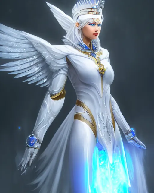 Image similar to perfect white haired egyptian goddess wearing white dove wings, warframe armor, regal, attractive, ornate, sultry, beautiful, ice queen, half asian, pretty face, blue eyes, detailed, scifi platform, 4 k, ultra realistic, volumetric lighting, illuminated, cinematic, masterpiece, art by akihito tsukushi, voidstar