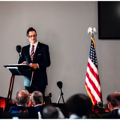 Image similar to a fox animal dressed in a suit giving a presidential speech, 8 5 mm f / 1. 4