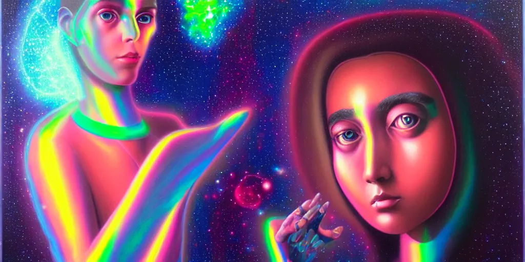 Image similar to patron saint of 🛸🌈👩🏾, futuristic iridescent clothing, wormhole, nebula, black hole, aries constellation, multiverse, neon god of city character portrait, in the style of margaret keane, moebius, tom bagshaw, and waterhouse, cinematic lighting, beautiful, elegant, oil painting,