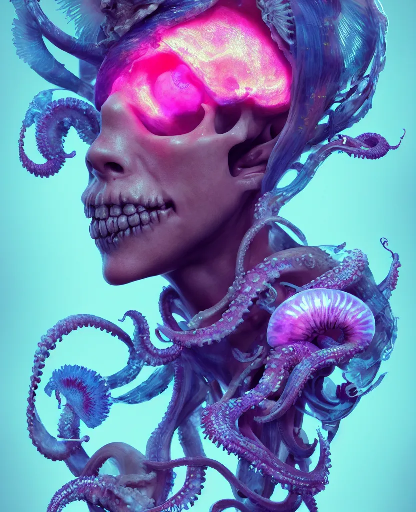 Image similar to goddess close - up portrait human skull, ram skull, squid phoenix jellyfish, orchid, betta fish, bioluminiscent, intricate artwork by tooth wu and wlop and beeple. octane render, trending on artstation, greg rutkowski very coherent symmetrical artwork. cinematic, hyper realism, high detail, octane render, 8 k