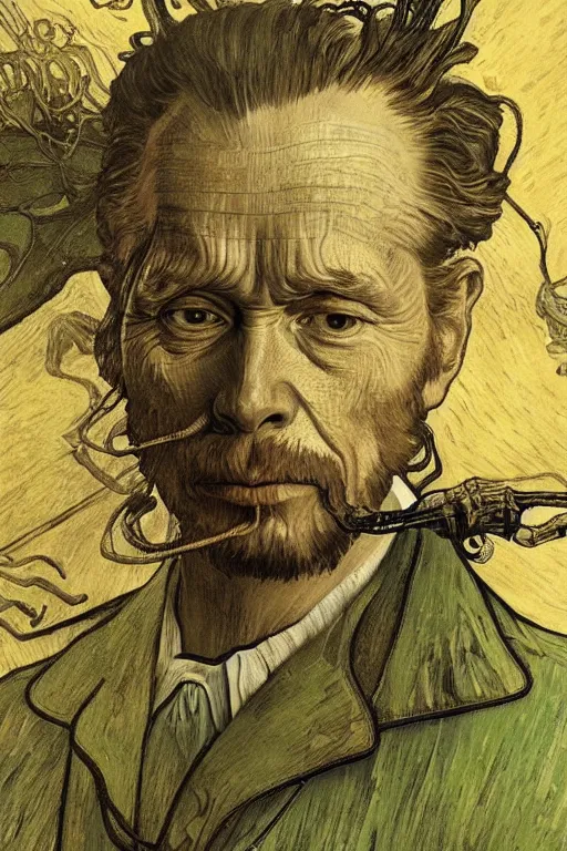 Image similar to realistic detailed portrait of van goh by denis villeneuve, amano, yves tanguy, alphonse mucha, ernst haeckel, max ernst, roger dean, ridley scott, dynamic closeup