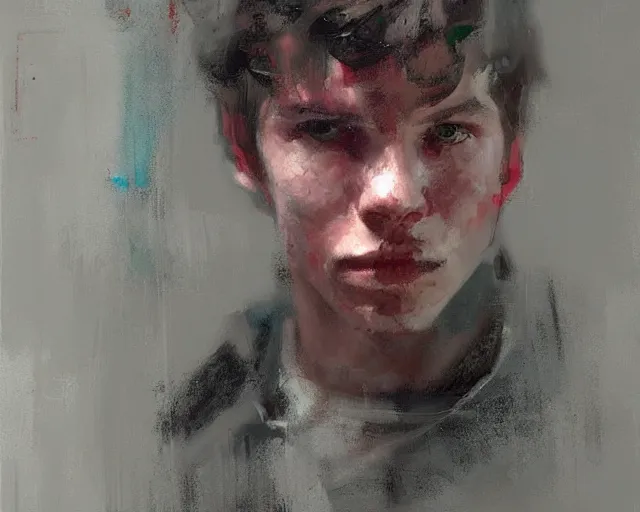 Prompt: portrait of young jacen solo caedus in shades of grey but with red and green by jeremy mann