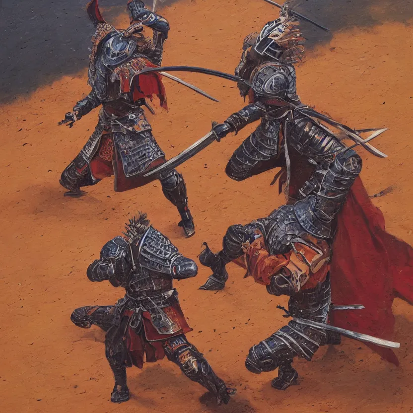 Prompt: a oil paniting of an Knight/samurai in a battle ready pose in the style of Jean Giraud detailed realistic High Resolution HD 8k in color