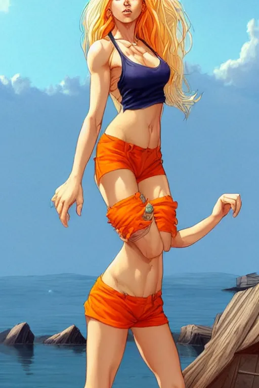 Image similar to a gorgeous hulking beast of a woman with very long hip-length blonde hair, wearing a cut-off white top and orange cut-off shorts standing by the water, in the style of artgerm and moebius and annie liebovitz, marvel comics, photorealistic, highly detailed, trending on artstation