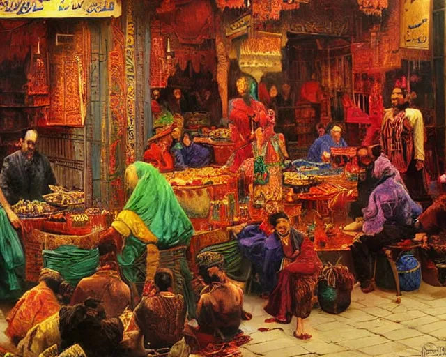 Prompt: an oil painting in the style of orientalism of dragons on display in a dragon auction in the grand bazaar of isfahan by edwin lord weeks, trending on artstation