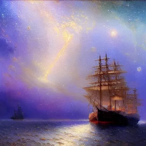 Prompt: sailing ship, cosmic nebula, artstation, by andrea rocha, by ivan aivazovsky, by john harris, impressionism, watercolor, dramatic scenery, hdr