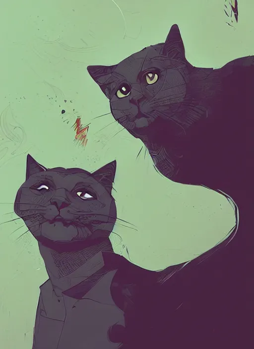 Image similar to concept portrait of cat staring contemptuously at people, artstation, art by petros afshar, tom whalen, laurie greasley and greg rutkowski and ilya kuvshinov
