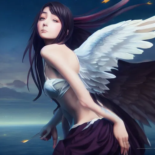 Image similar to an oil painting of a beautiful anime girl with wings, by artgerm and greg rutkowski, hd, hdr, ue 5, ue 6, unreal engine 5, cinematic 4 k wallpaper, 8 k, ultra detailed, high resolution, artstation, award winning