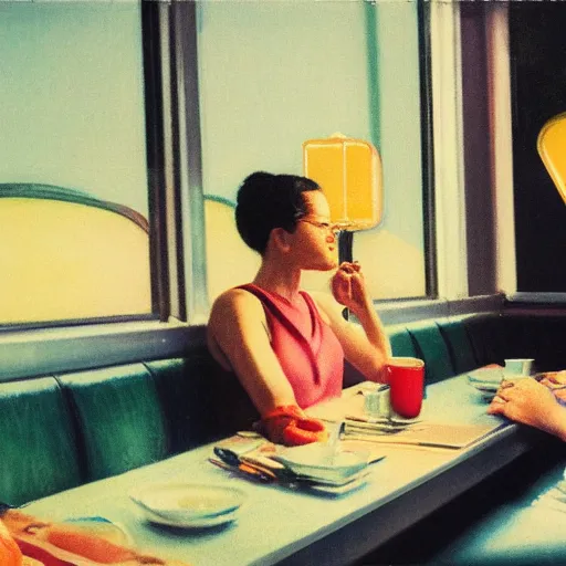 Image similar to a polaroid photo of people at a diner, Edward Hopper composition, detailed, hq, lens flare, realistic