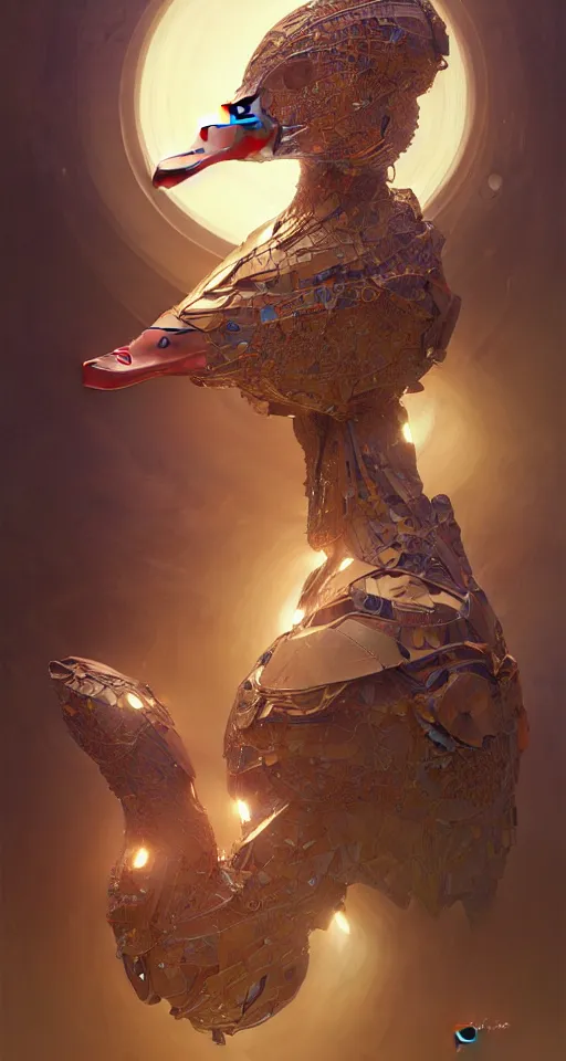 Image similar to organic cyborg duck, diffuse lighting, fantasy, intricate, elegant, highly detailed, lifelike, photorealistic, digital painting, artstation, illustration, concept art, smooth, sharp focus, art by john collier and albert aublet and krenz cushart and artem demura and alphonse mucha