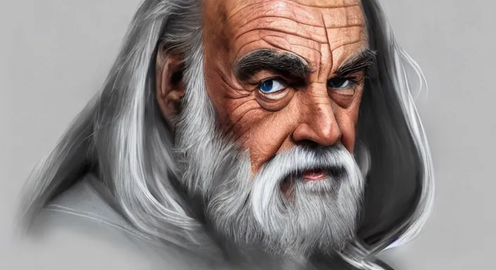 Image similar to sean connery as gandalf, award winning character art, by various concept artists, hyperrealistic face, photorealistic render