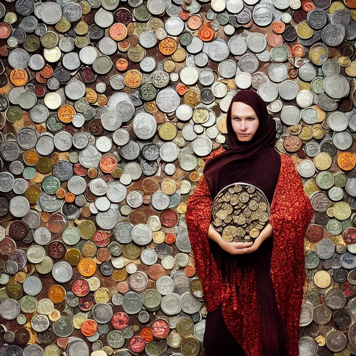 Image similar to closeup portrait of a woman wearing a cloak made of coins and flowers, standing in an apocalyptic city, by Annie Leibovitz and Steve McCurry, natural light, detailed face, CANON Eos C300, ƒ1.8, 35mm, 8K, medium-format print
