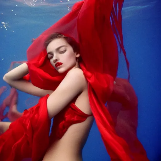 Prompt: beautiful portrait of fashion model in red silk underwater, 35mm film