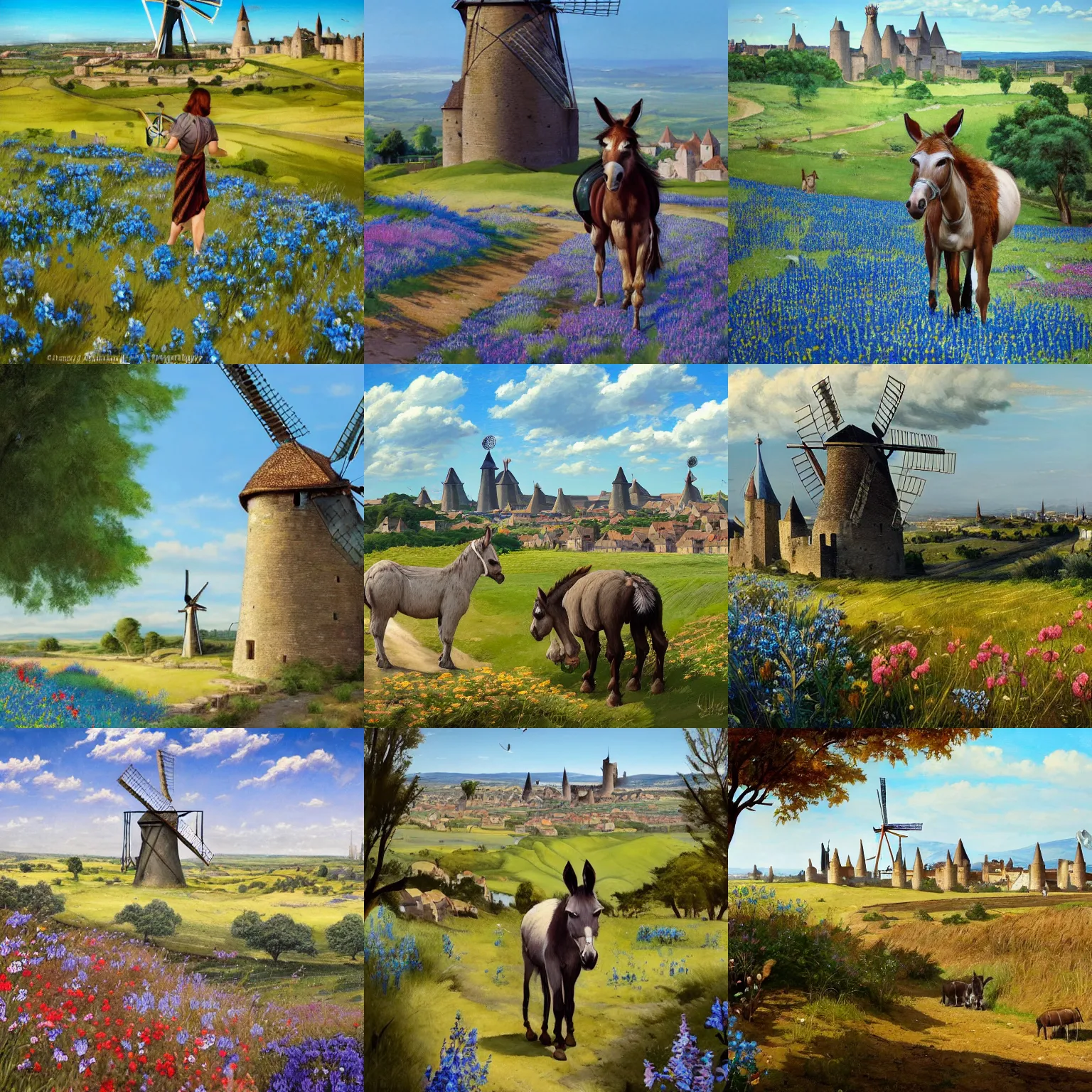 Prompt: very long shot of a windmill, wild beautiful donkey, spots of blue flowers nearby, medieval french landscape, Carcassonne, city of carcassonne in the background, by Stanley Artgerm Lau, WLOP, Rossdraws, frank frazetta, Andrei Riabovitchev, Marc Simonetti, tranding on artstation