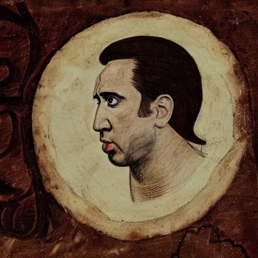 Image similar to an ancient manuscript drawing of nicolas cage