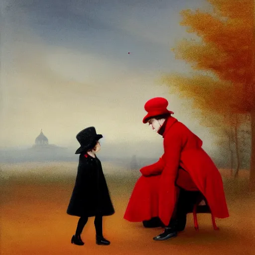 Prompt: A thin man in a black coat and bowler hat talks with small young girl dressed in a red coat and a red hat, park, autumn, Berlin, in style of Ivan aivazovsky, wide angle, high detail, width 768