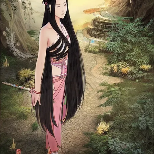 Prompt: ancient chinese princess, standing in an oasis in the desert, elegant, long black hair, highly detailed, anime, concept art, art by miyazaki