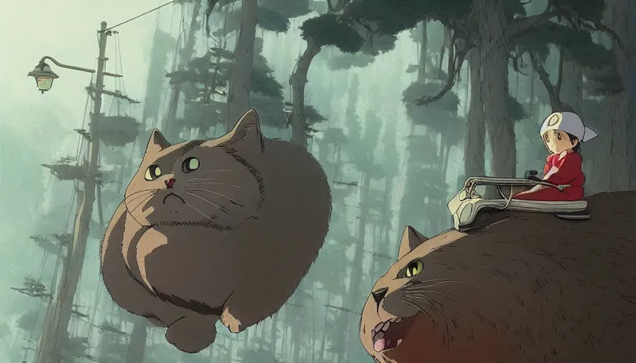 Image similar to the last fat catrider, comedy, graphic art, rgba, 8 k hd resolution, pinterest, dynamic character, 8 k character details, concept art, 8 k ultra realistic, intricate details, ultra detailed, reduce character duplication, in style of hayao miyazaki, by studio ghibli