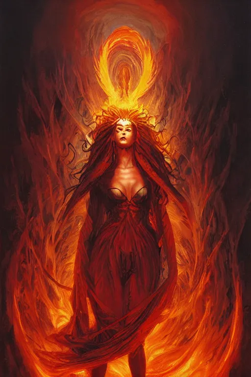 Prompt: beautiful powerful symmetrical gothic goddess of fire stands in a vortex of fire, matte fantasy painting, dynamic gel lighting, by Brom